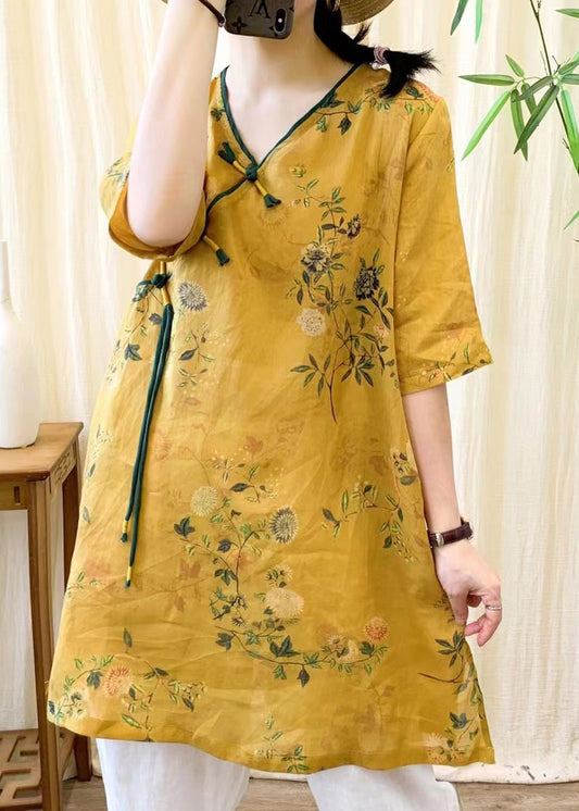 Yellow V Neck Print Chinese Button Linen Mid Dress Summer