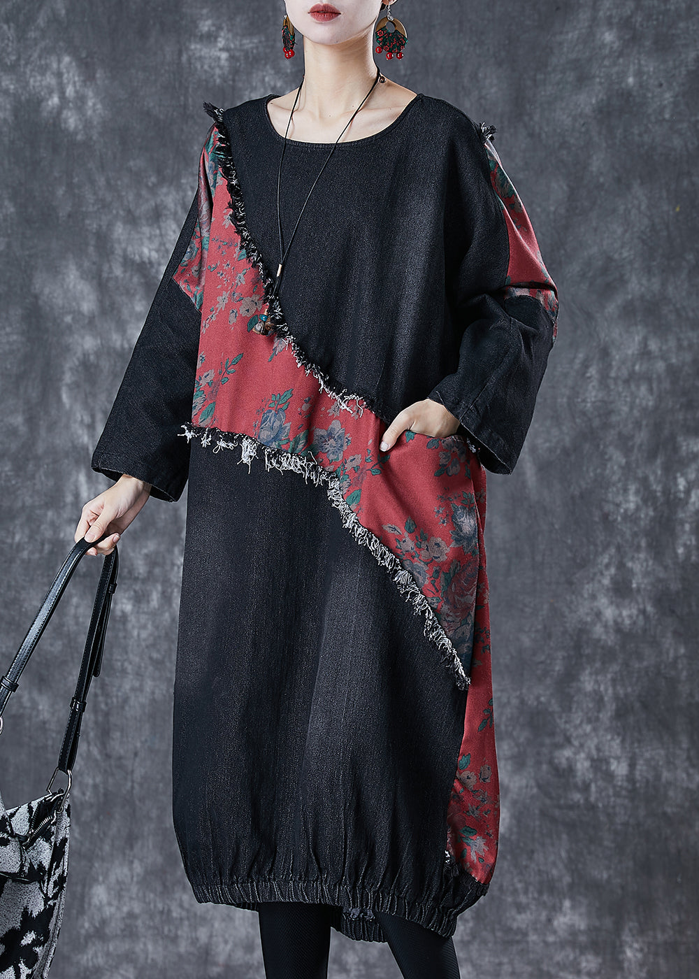 Black Asymmetrical Patchwork Denim Holiday Dress Fall
