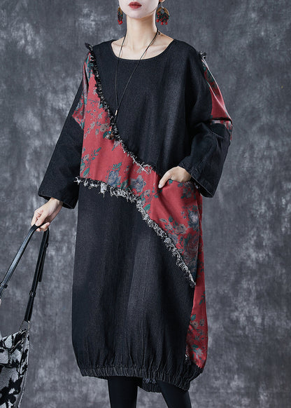 Black Asymmetrical Patchwork Denim Holiday Dress Fall