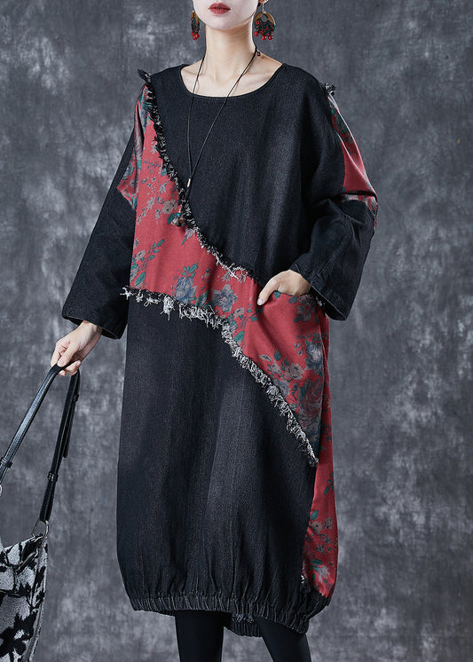 Black Asymmetrical Patchwork Denim Holiday Dress Fall