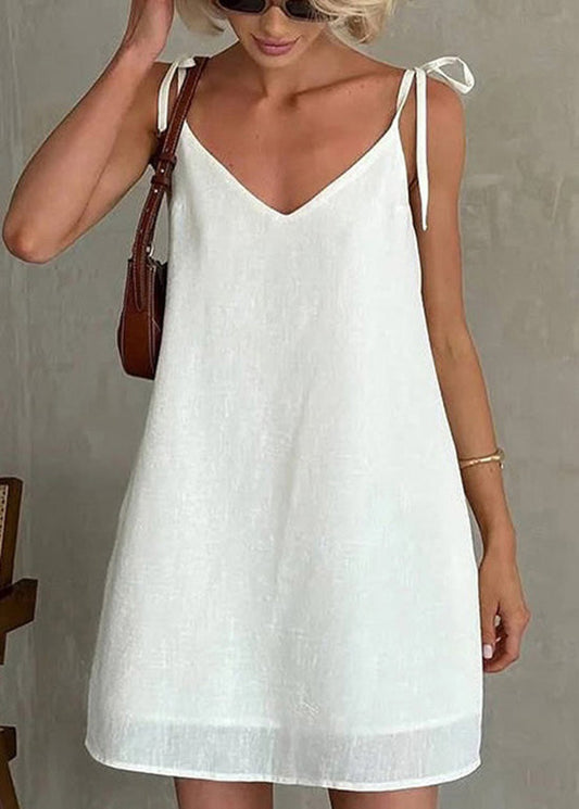 White Backless Lace Up Cotton Mini Dresses Summer