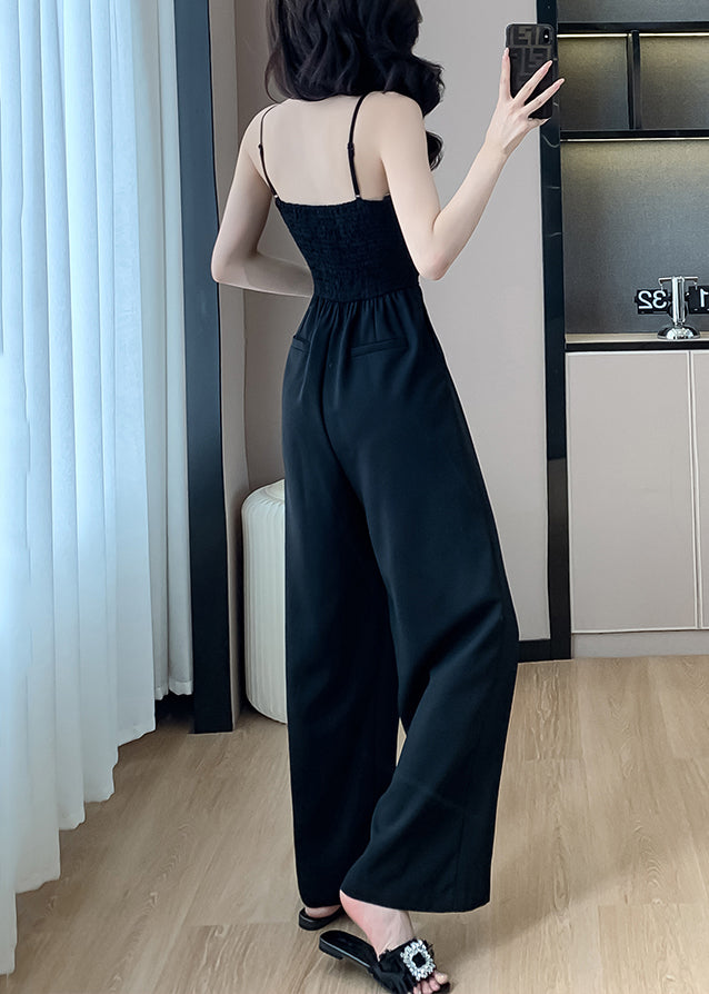 Black Cold Shoulder Silk Sleeveless Jumpsuits Pockets