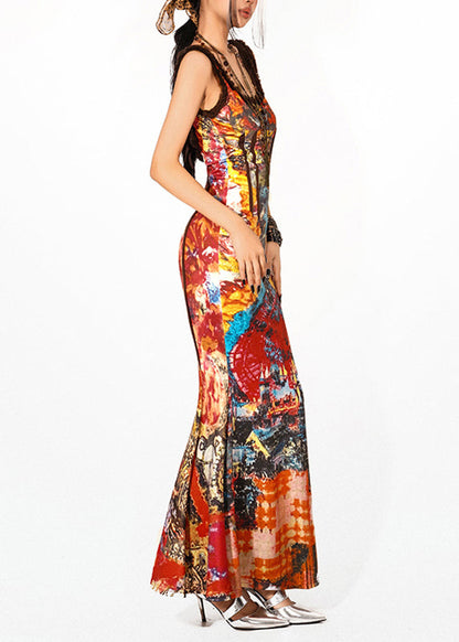 Beach Rainbow O-neck Holiday Long Spaghetti Strap Fishtail Dress Sleeveless