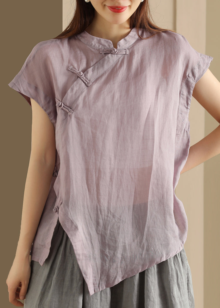 Handmade Green Stand Collar Button Linen Top Summer