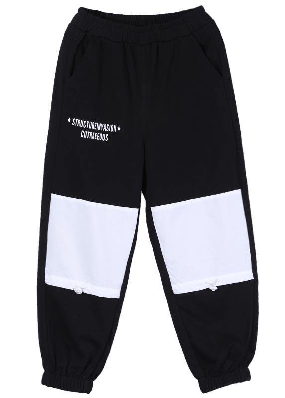 Natural Black Elastic Waist Patchwork Pants Summer Cotton