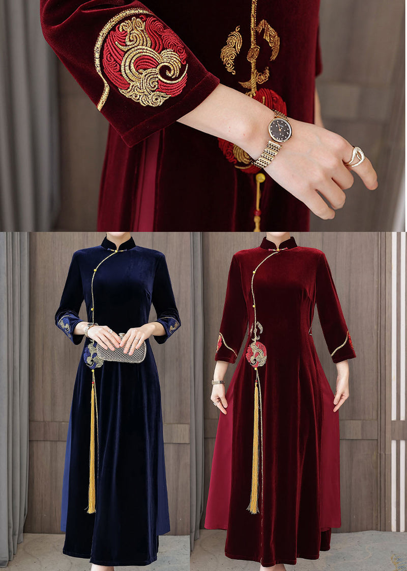 Mulberry Embroideried Side Open Velour Dresses Vestidos Bracelet Sleeve