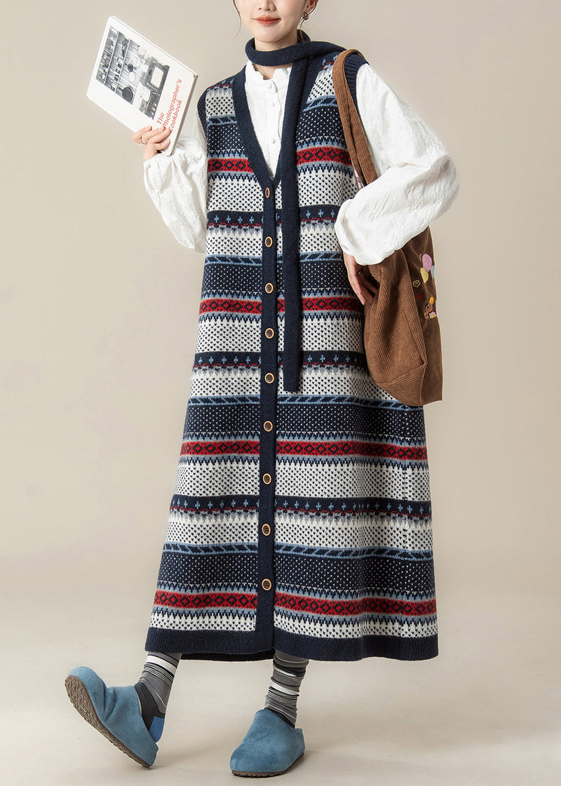 French Navy V Neck Jacquard Knit Vest Dress and Shirts 2 Piece Outfit Winter