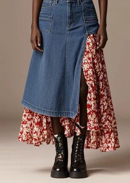 Blue Asymmetrical Patchwork Print Denim Skirt Spring