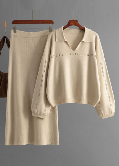 New Brown Hollow Out Tops and Skirts Knit Two Pieces Set Spring