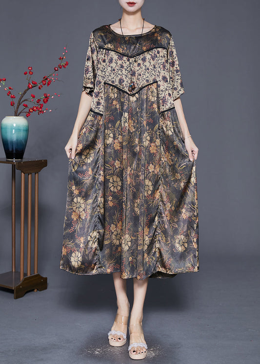 Khaki Oversized Patchwork Print Silk Dress Summer