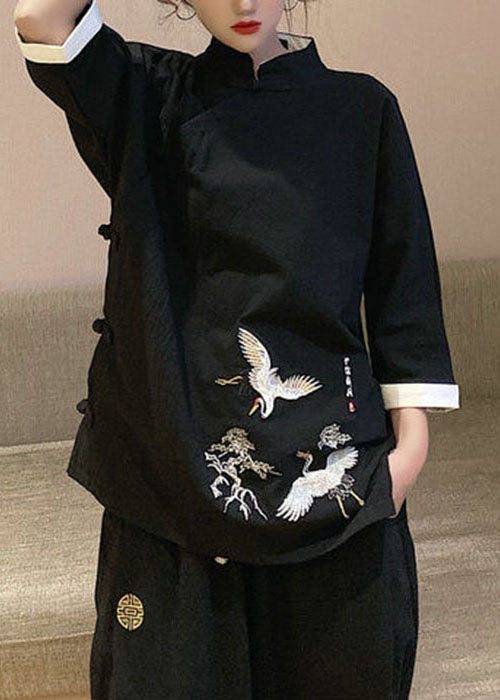 Chinese Style Black Stand Collar Embroideried Linen Tops Three Quarter Sleeve