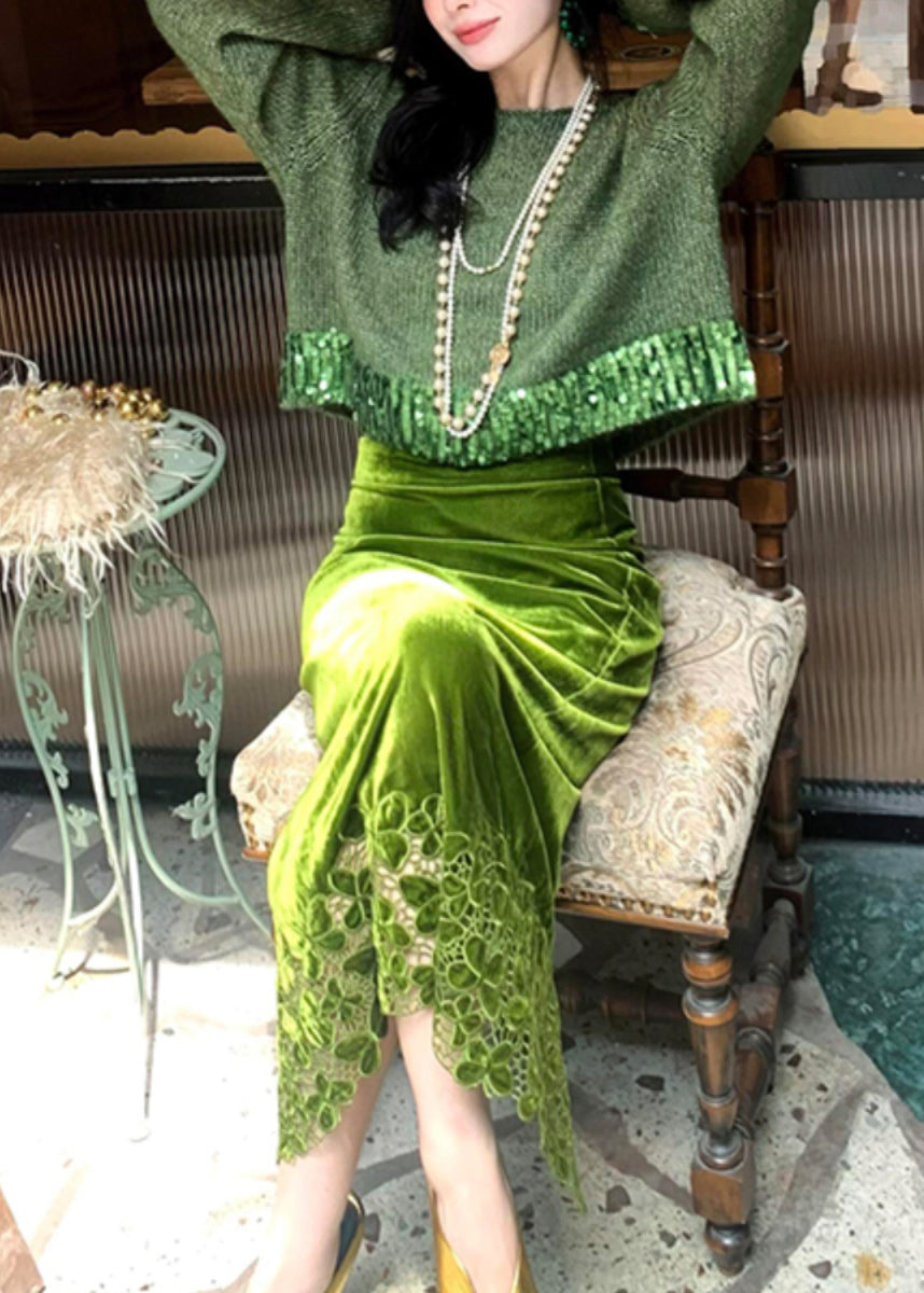 Green Hollow Out Cotton Knit Sweaters and Maxi Skirts Two Piece Set Winter