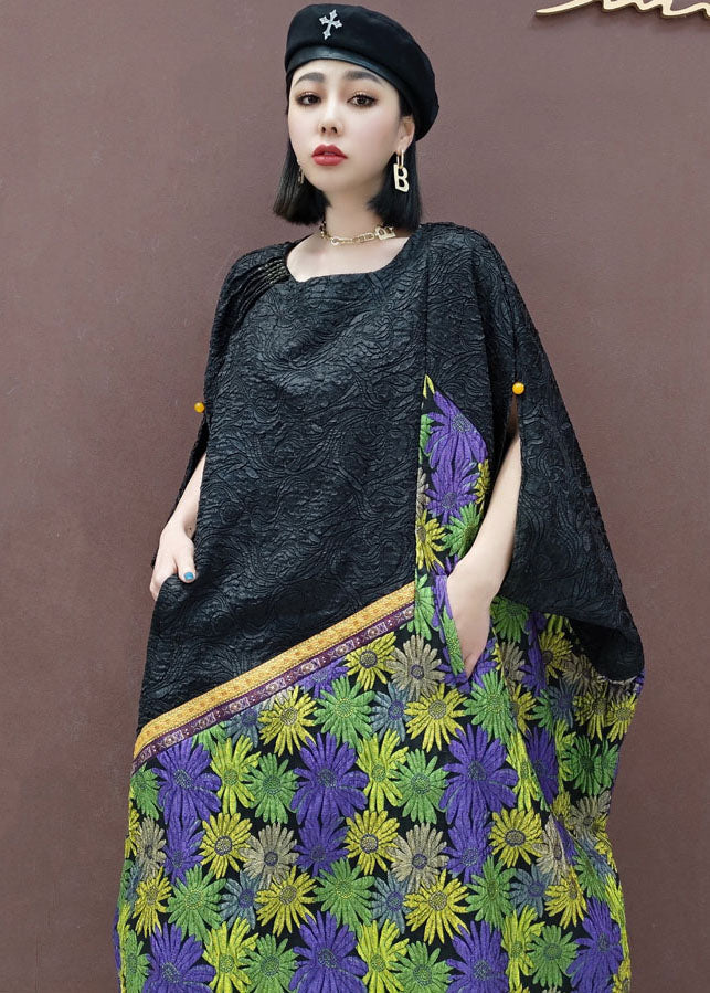 Black Green O-neck Patchwork Daisy Wrinkled Holiday Dress Short Sleeve