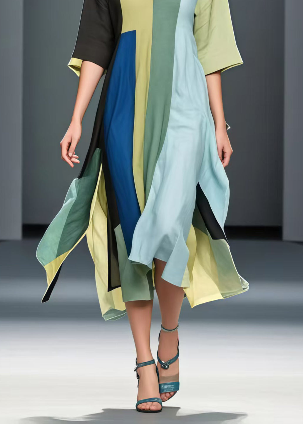 Art Asymmetrical Patchwork Side Open Cotton Long Dresses Summer