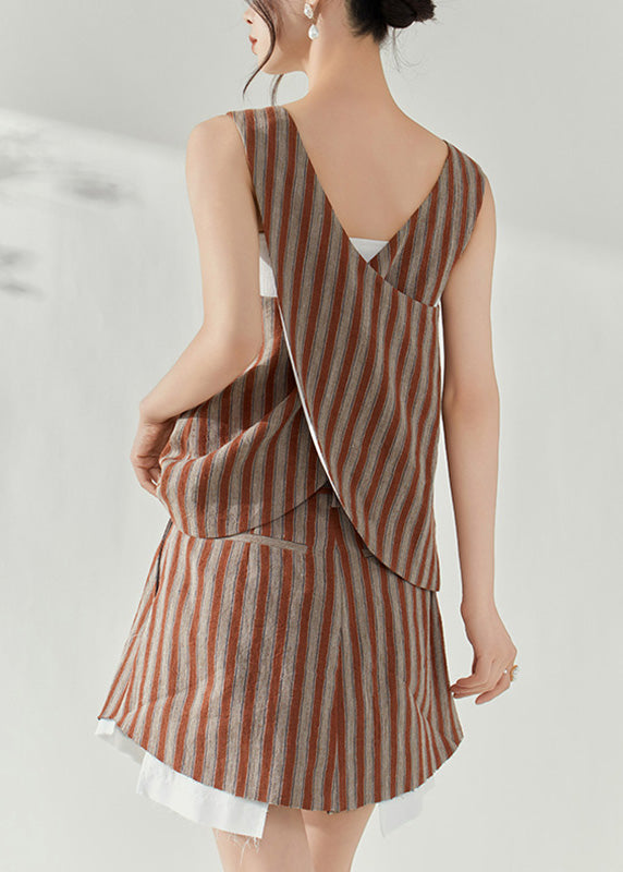 Brown Striped Cotton Top and Skirts Two-piece Set Summer