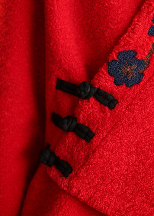 Stylish Red Button Embroideried Woolen Coats Spring