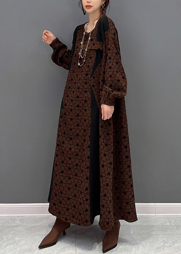 Brown O Neck Wrinkled Print Patchwork Cotton Long Dresses Fall