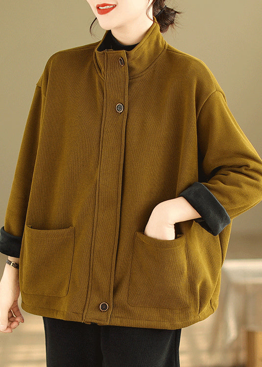 Yellow Zip Up Pockets Patchwork Warm Fleece Coat Fall