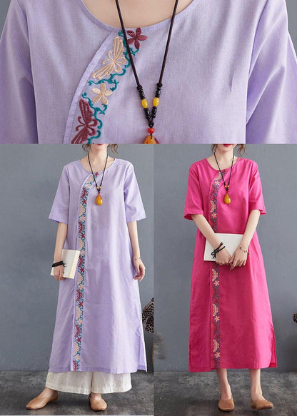 Organic Rose Side Open Cotton Linen Summer Vacation Dresses