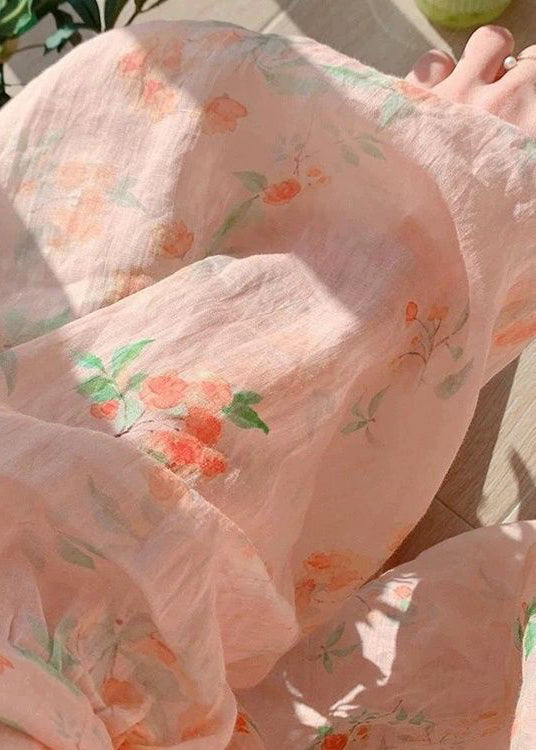 Pink V Neck Button Print Patchwork Cotton Top Lantern Sleeve