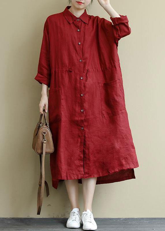 Red Linen Shirt Dress Oversize Spring Maxi Dresses