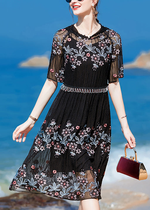 Black Hooded Embroideried Silk Holiday Dress Short Sleeve