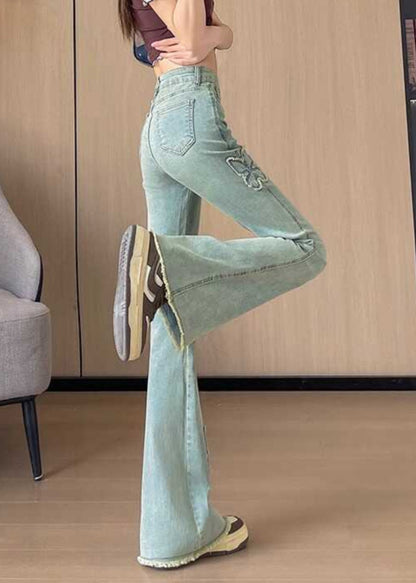 Blue Butterfly Decorated Denim Flare Bottoms Fall