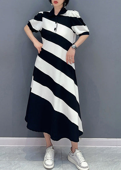 Black White Striped Peter Pan Collar Patchwork Long Dress Short Sleeve