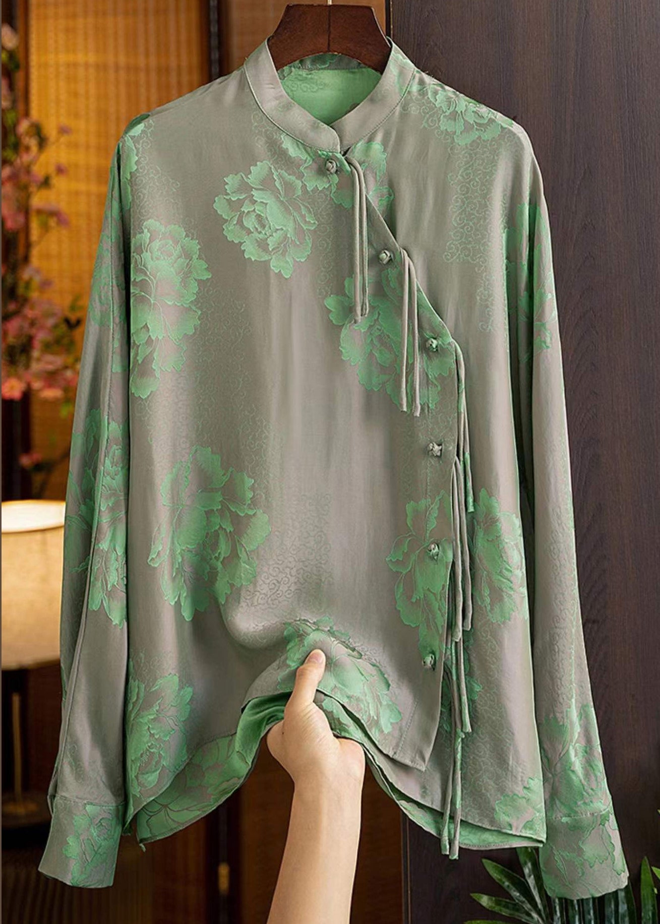 Yellow Text Mandarin Collar Button Print Silk Shirt Top Spring
