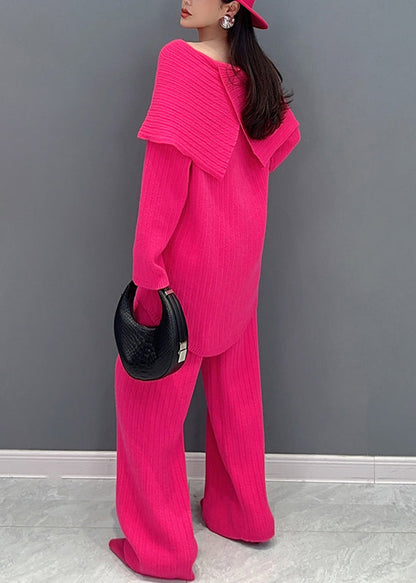 Italian Rose Slash Neck Tops and Pants Knit Two Pieces Set Spring