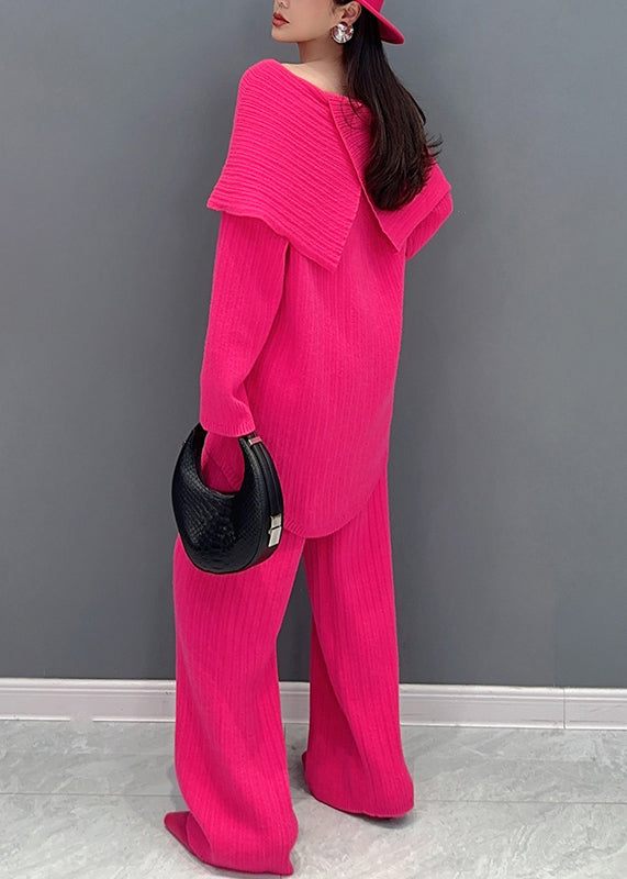 Italian Rose Slash Neck Tops and Pants Knit Two Pieces Set Spring