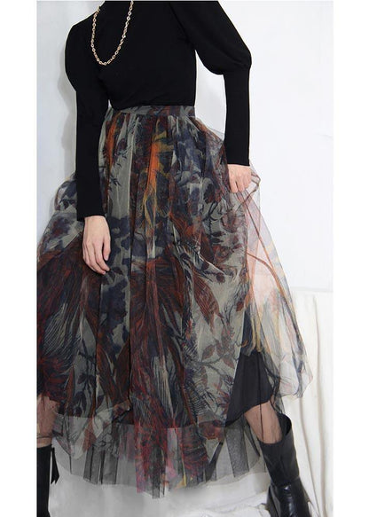 Boutique Black Print Asymmetrical Design Tiered Skirt Summer