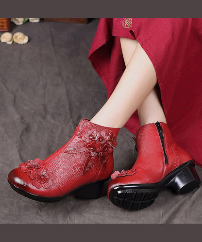 Red Chunky Cowhide Leather Comfy Splicing Boots