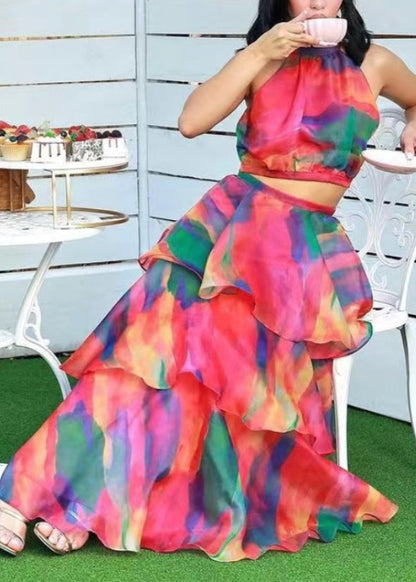 Style Red O-neck Print Cold Shoulder Long Dress Summer
