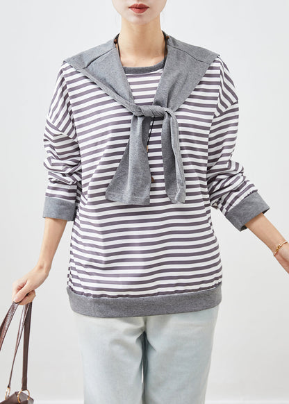 Organic Grey Oversized Striped Cotton Sweatshirt Fall