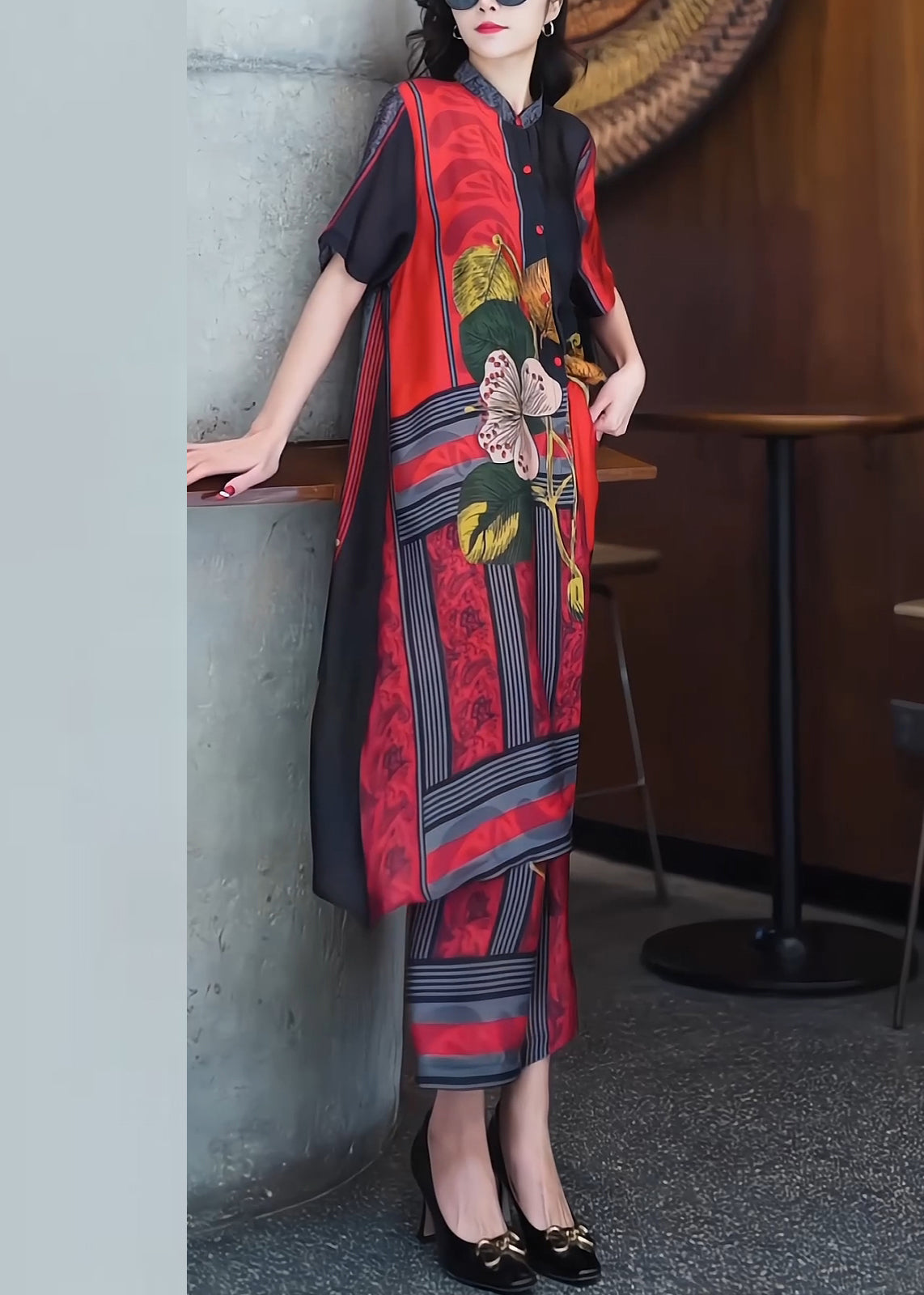 New Red Print Tops and Wide Leg Pants Silk Two Piece Set Summer