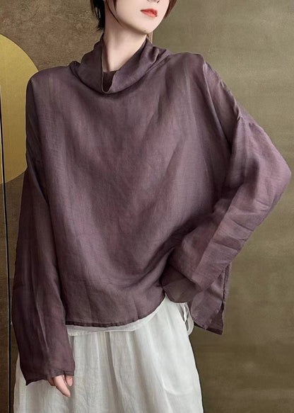Simple White Turtle Neck Patchwork Linen Shirts Long Sleeve