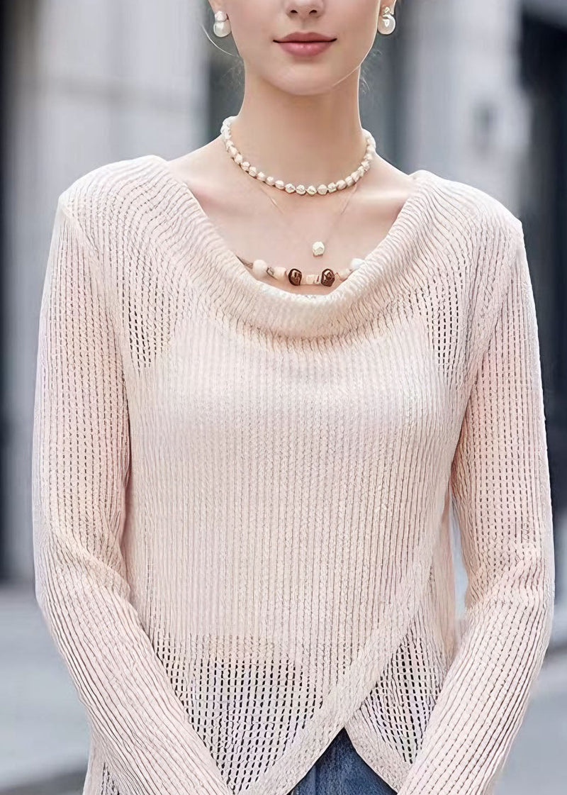 Beige Hollow Out Polyester Tops Spring