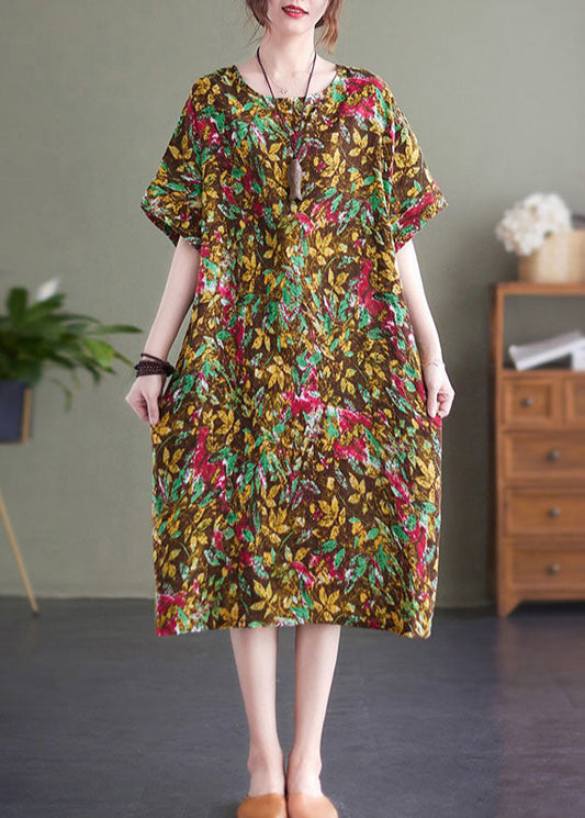 Yellow Print O-neck Cotton Long Dresses Short Sleeve