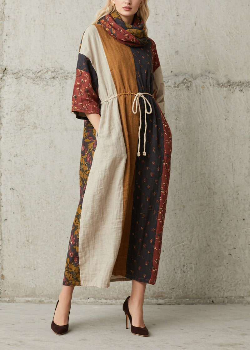 Colorblock Print Lace Up Cotton Dress Summer
