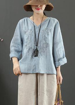 V Neck Spring Tunic Pattern Work Blue Embroidery Blouses