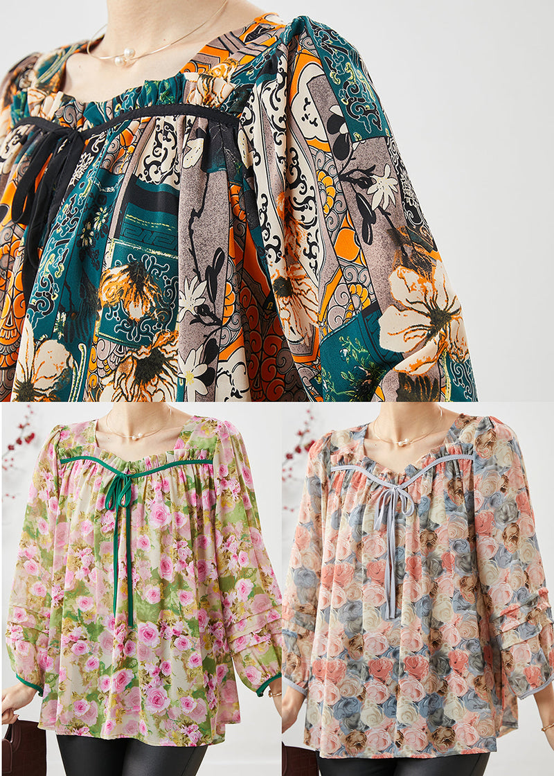 Apricot Square Collar Print Chiffon Top Bracelet Sleeve