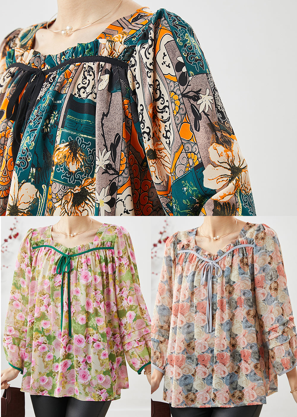 Handmade Pink Square Collar Print Chiffon Shirts Spring