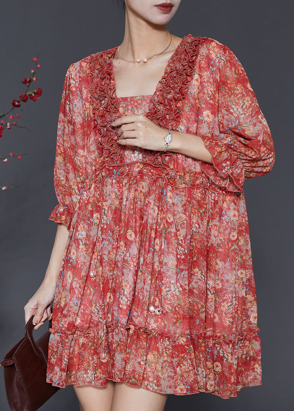 Red Ruffled Print Chiffon Mini Dress Summer