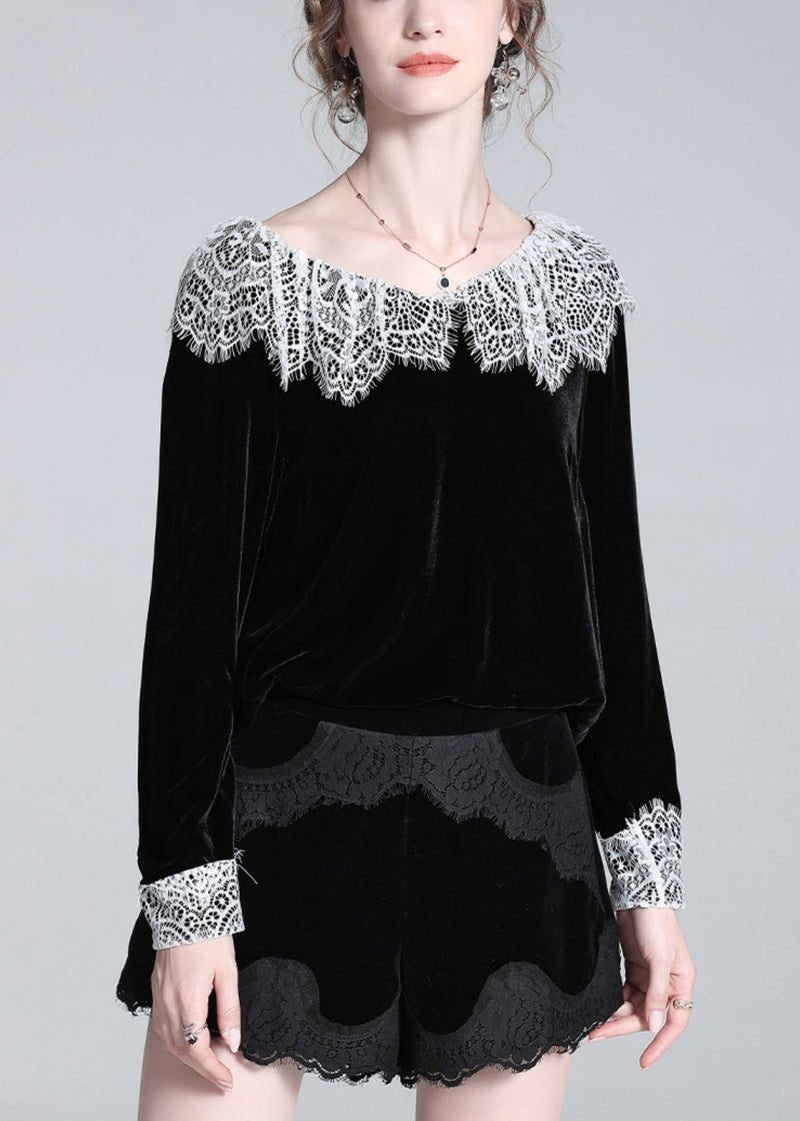 Black Lace Patchwork Silk Velour T Shirt Winter