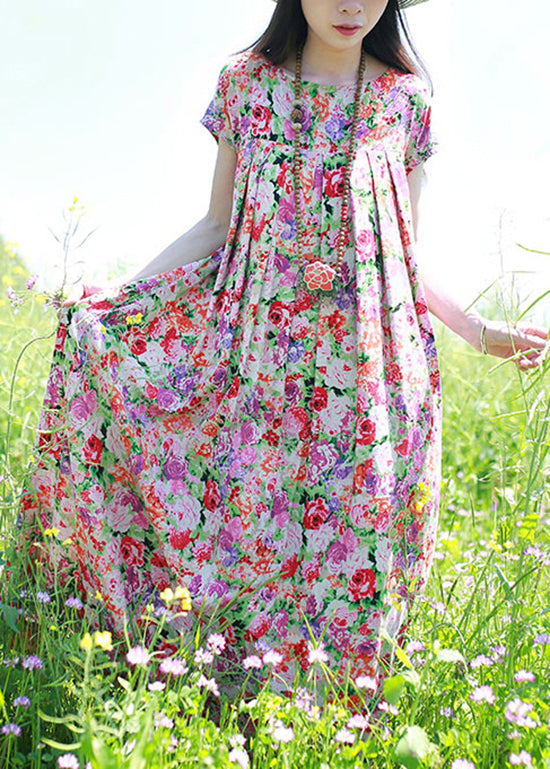 O-neck Wrinkled Print Long Dress Short Sleeve