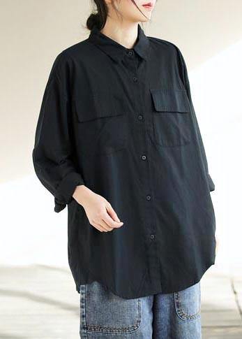 Italian Lapel Pockets Spring Tops Black Blouses