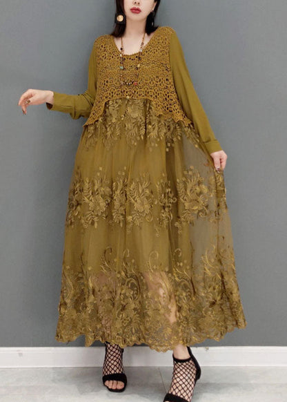 Khaki Patchwork Lace Long Dresses O-neck Embroideried Long Sleeve