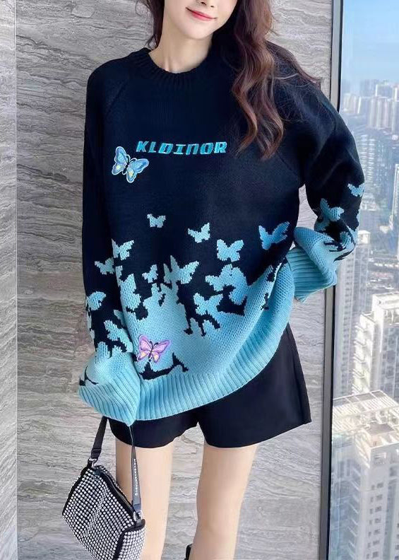 Sky Blue Embroidered Patchwork Cotton Knit Sweaters Long Sleeve