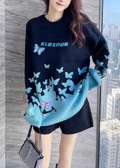 Sky Blue Embroidered Patchwork Cotton Knit Sweaters Long Sleeve